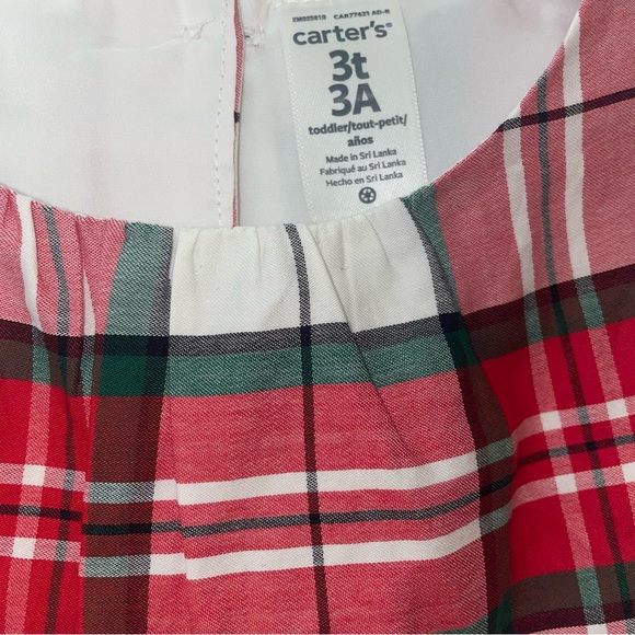 Carter's 3T Red Green Plaid Christmas Holiday Toddler Girl Dress Cap Sleeve - Picture 3 of 8